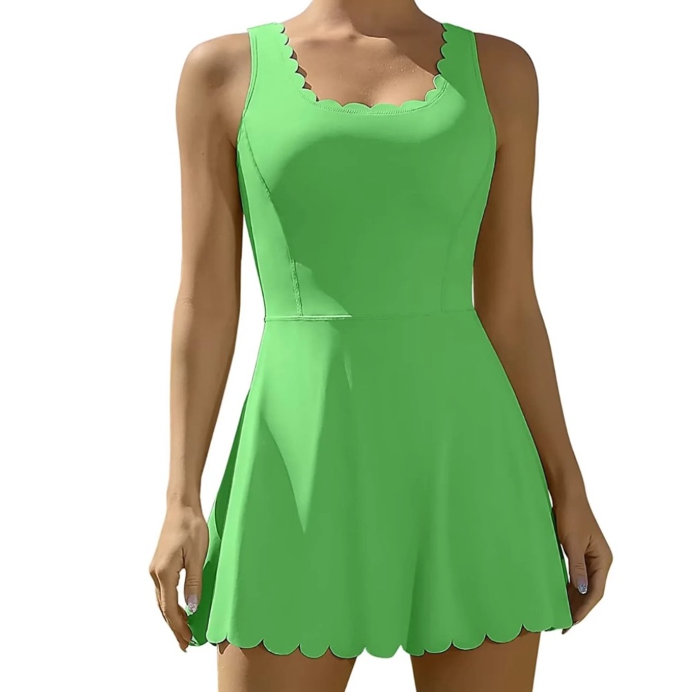 Sleeveless Scallop-Trim Mini Dress in Lime Green